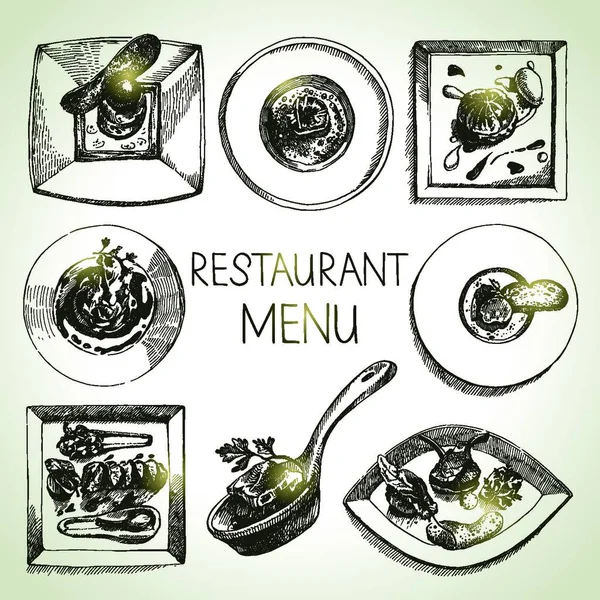 Esquisse Dessinée Main Restaurant Ensemble Nourriture Menu Cuisine Européenne Illustration — Image vectorielle