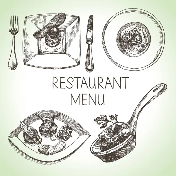 Esquisse Dessinée Main Restaurant Ensemble Nourriture Menu Cuisine Européenne Illustration — Image vectorielle