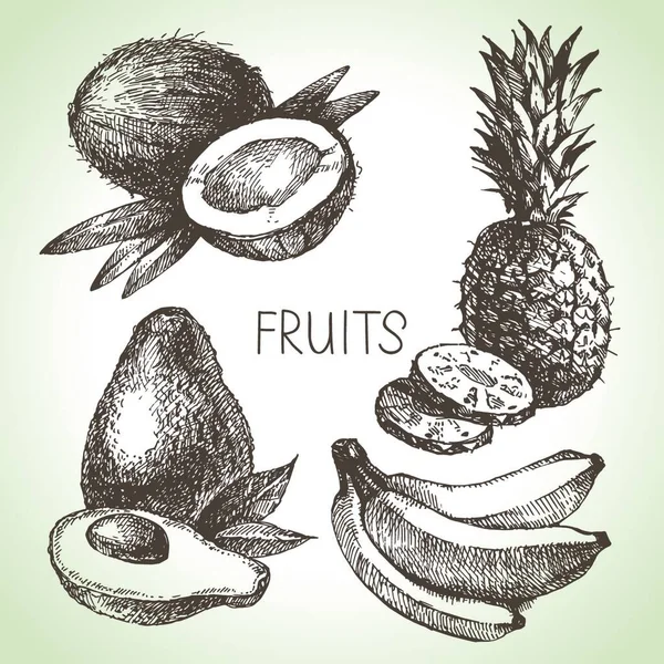 Kézzel Rajzolt Gyümölcsös Készlet Környezetbarát Ételek Vektorillusztráció — Stock Vector
