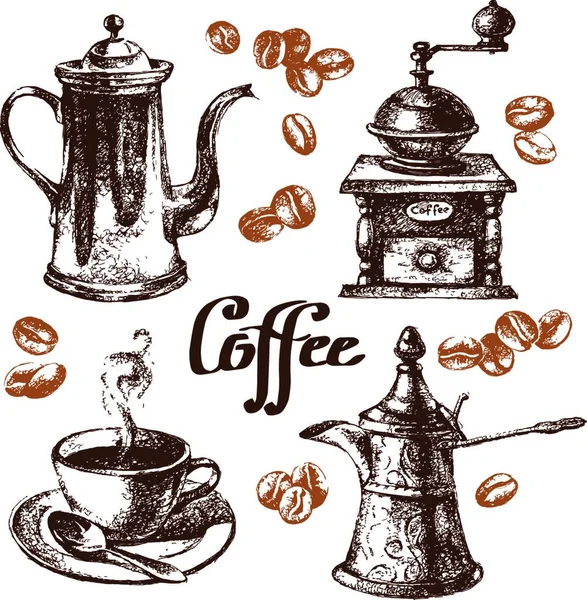 Conjunto Café Vintage Desenhado Mão Ilustração Vetorial Design Menu Para —  Vetores de Stock