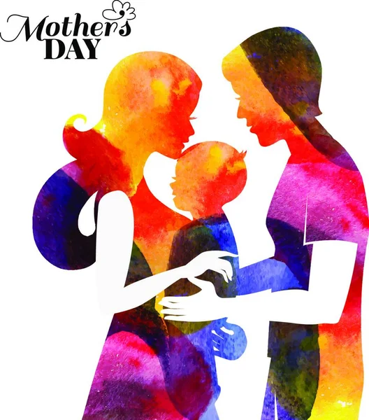 Family Watercolor Mother Silhouette Her Baby Husband Card Happy Mothers — Stock Vector