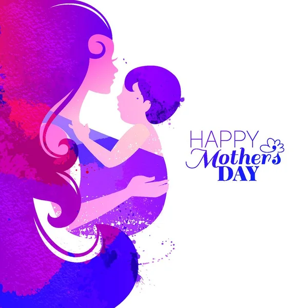 Vector Watercolor Effect Illustration Mother Silhouette Her Baby Card Happy — Stock Vector