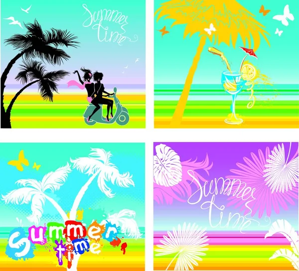 Sommer Reise Und Urlaubsbilder Silhouetten Von Mädchen Auf Motorrollern Tropische — Stockvektor