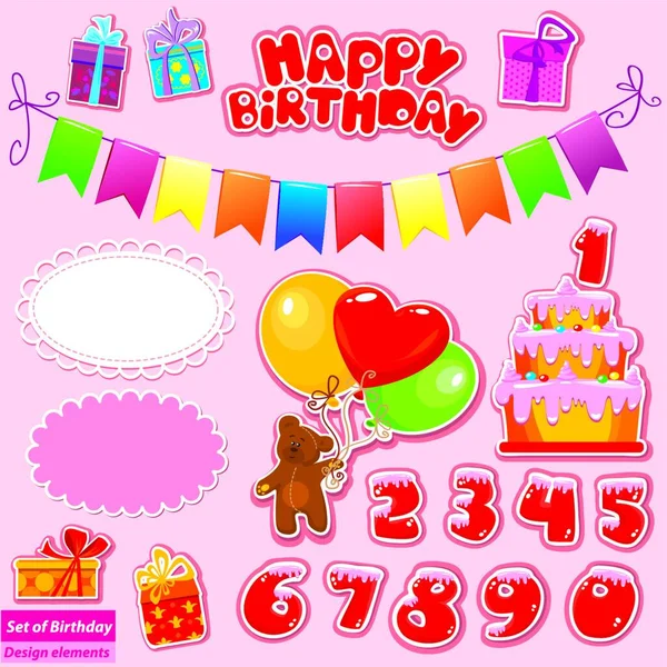 Set Birthday Party Elements Your Design Teddy Bear Cake Gift — Stock Vector