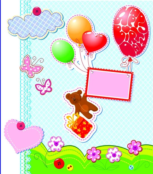 Kartka Urodzinowa Dziecka Misiaczkiem Pudełko Prezentów Latające Balonami — Wektor stockowy