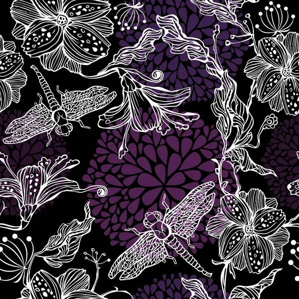 Motif Floral Sans Couture Avec Des Fleurs Dessinées Main Libellules — Image vectorielle