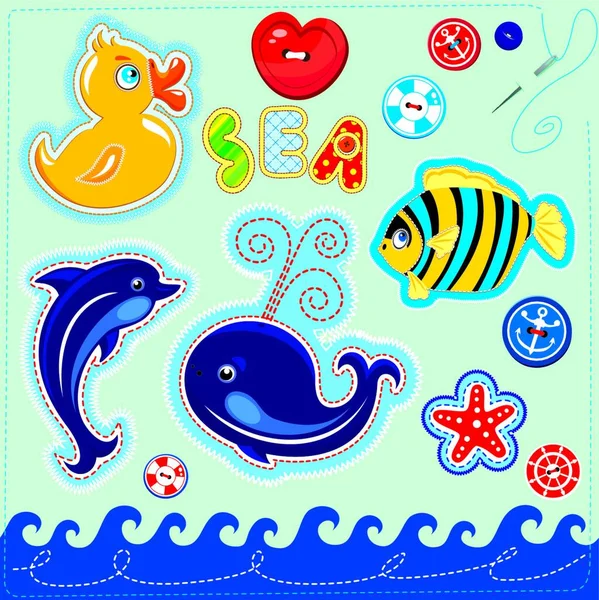 Набор Кнопок Мультяшных Животных Слова Sea Изображения Буквы Ручной Работы — стоковый вектор