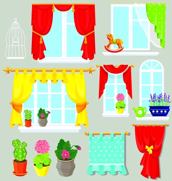 Ensemble Fenêtres Rideaux Fleurs Dans Des Pots Éléments Pour Design — Image vectorielle