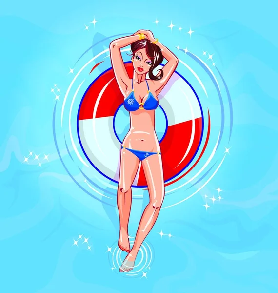 Una Chica Linda Vestida Bikini Flotando Sobre Una Soga Una — Vector de stock