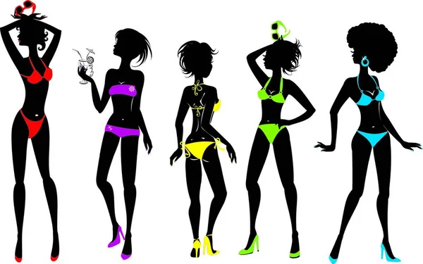 Set Silhouette Donna Diversi Colori Bikini Costumi Bagno Isolati Sfondo — Vettoriale Stock