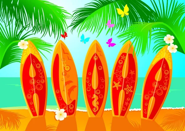 Summer Holiday Postcard Pranchas Surf Com Texto Desenhado Mão Aloha — Vetor de Stock