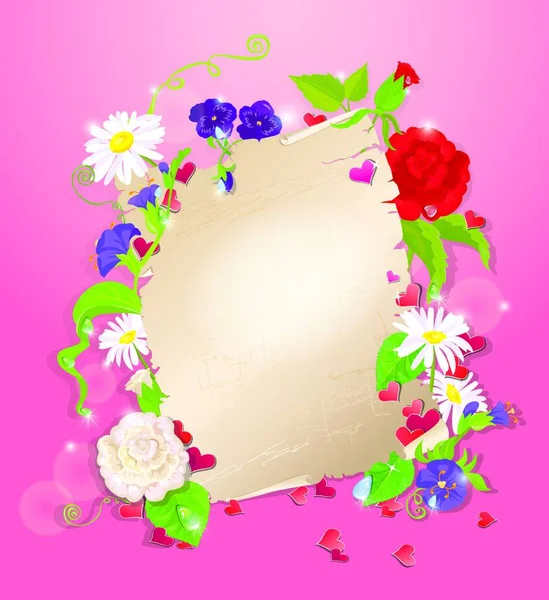Aşk Mektubu Kalpler Çiçekler Gül Daisy Bluebell Mor Pembe Bir — Stok Vektör