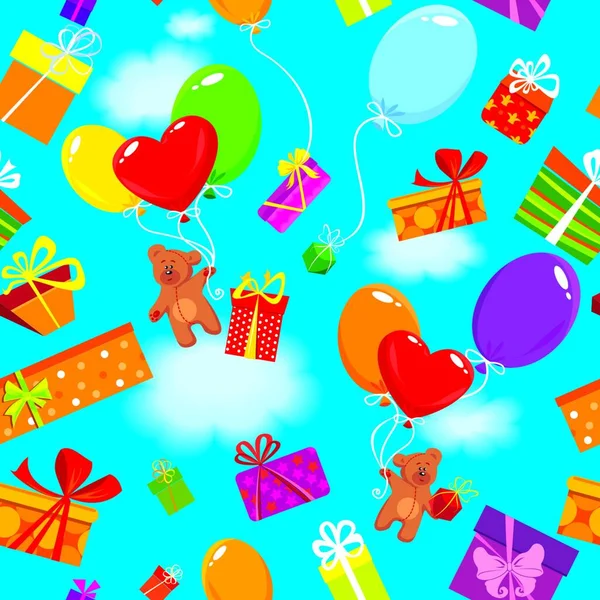 Naadloos Patroon Met Kleurrijke Geschenkdozen Cadeautjes Ballonnen Teddyberen Hemelsblauwe Achtergrond — Stockvector