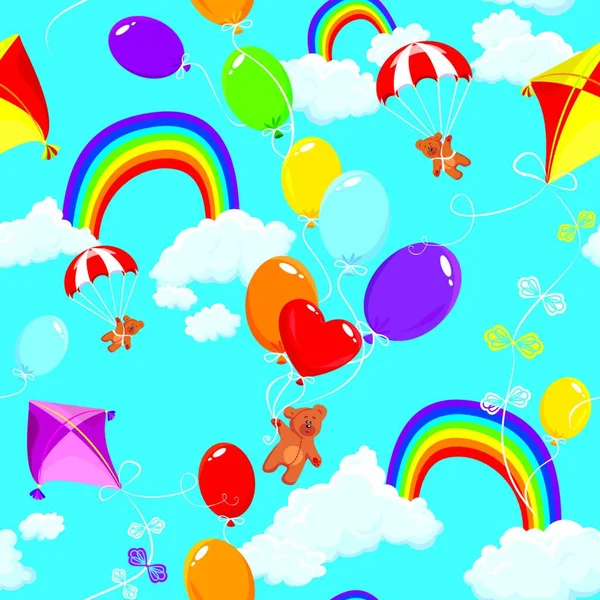 Naadloos Patroon Met Regenbogen Wolken Kleurrijke Ballonnen Vlieger Parachute Teddyberen — Stockvector