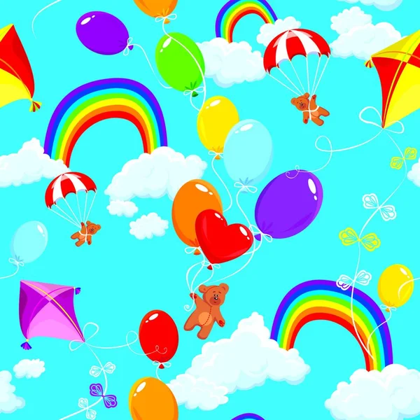 Modelo Sin Costuras Con Arcos Lluvia Nubes Globos Coloridos Cometas — Vector de stock