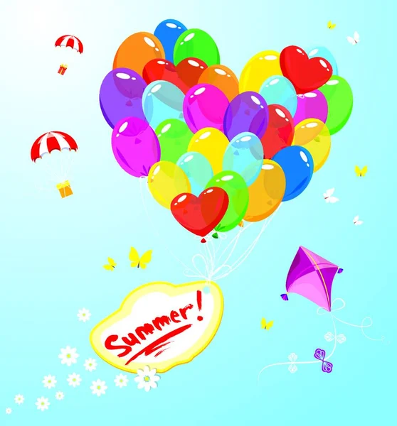 Зображення Різнокольоровими Кульками Формі Серця Банером Словом Summer Парашутами Повітряними — стоковий вектор