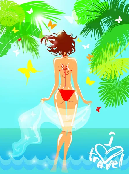 Žena Bikinách Plavky Tropické Pláži Palmovými Listy Motýly Pozadí Miluju — Stockový vektor