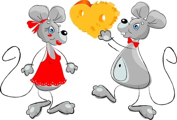 Мультфільм Чоловічого Миші Даючи Жінки Миша Серце Подібний Сиру — стоковий вектор