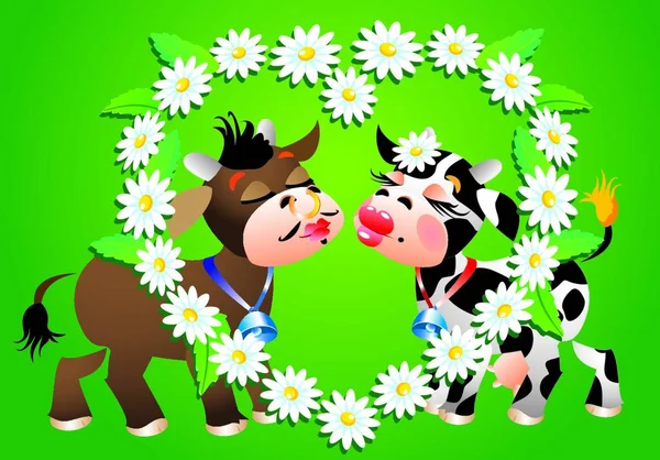 Cartoon Kissing Cows Camomile Border — Stock Vector