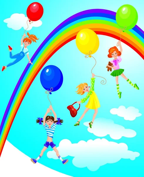 Filles Mignonnes Envolent Sur Des Ballons Sur Fond Ciel Avec — Image vectorielle