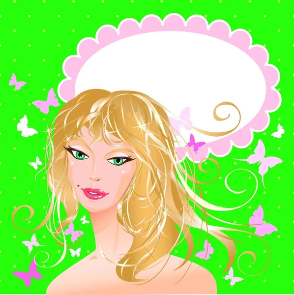 Blonde Girl Beautyful Face Portrait Polka Dot Green Background Butterflies — Stock Vector