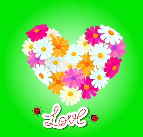 Heart Made Daisies Green Background Valentines Day Card — Stock Vector