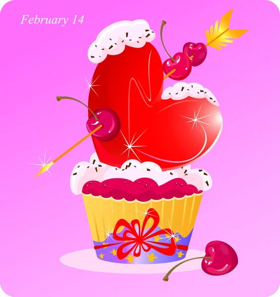 Aranyos Cupcake Szív Nyíl Cseresznye Valentin Kártyát — Stock Vector