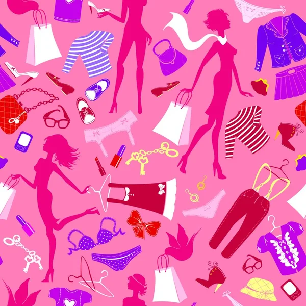 Tono Sin Costuras Colores Rosa Silhouettes Chicas Moda Con Ropa — Archivo Imágenes Vectoriales