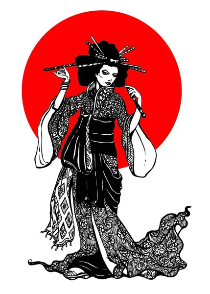 Όμορφο Ιαπωνικό Γυναίκα Φουρκέτες Λευκό Φόντο Κόκκινο Κύκλο — Διανυσματικό Αρχείο