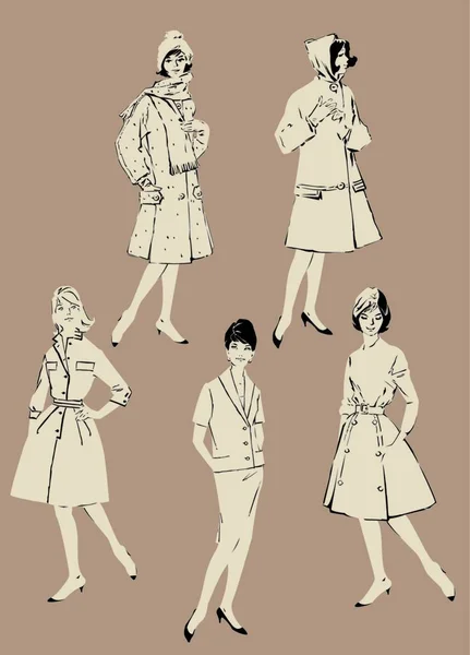 Ensemble Femmes Élégantes Modèles Mode Style Rétro Saisons Printemps Automne — Image vectorielle