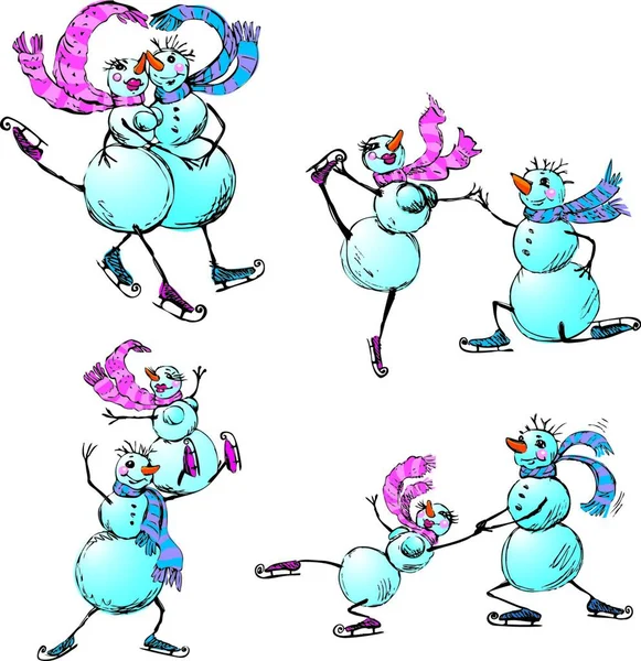 Набір Ковзанярів Щаслива Пара Сніговик Снігова Жінка Намальована Рука Ілюстрація — стоковий вектор