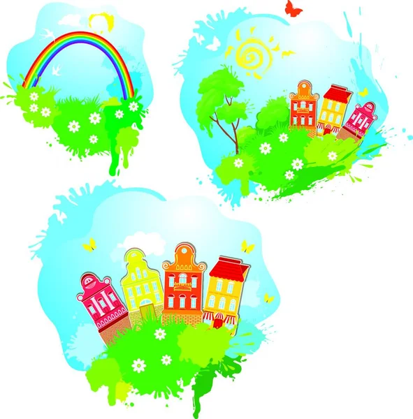 Set Cartoni Animati Immagini Disegno Fiabesco Case Alberi Arcobaleno Isolato — Vettoriale Stock