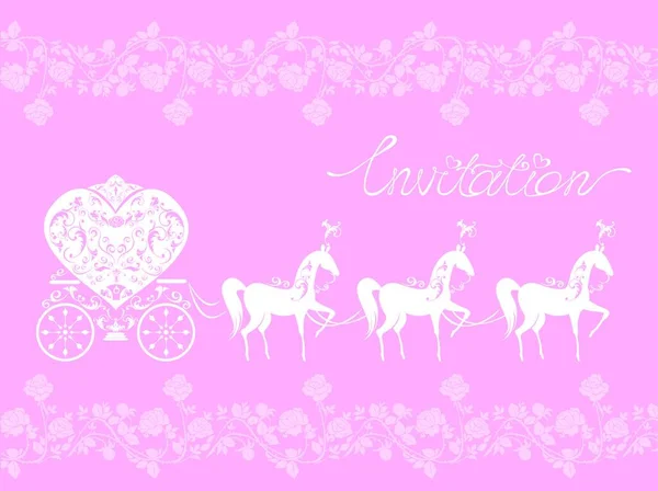 Розовая Открытка Кружевным Орнаментом Цветочный Фон Белыми Лошадьми Каретой Приглашение — стоковый вектор