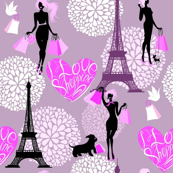 Modèle Sans Couture Effel Tower Coeurs Avec Texte Calligraphique Love — Image vectorielle