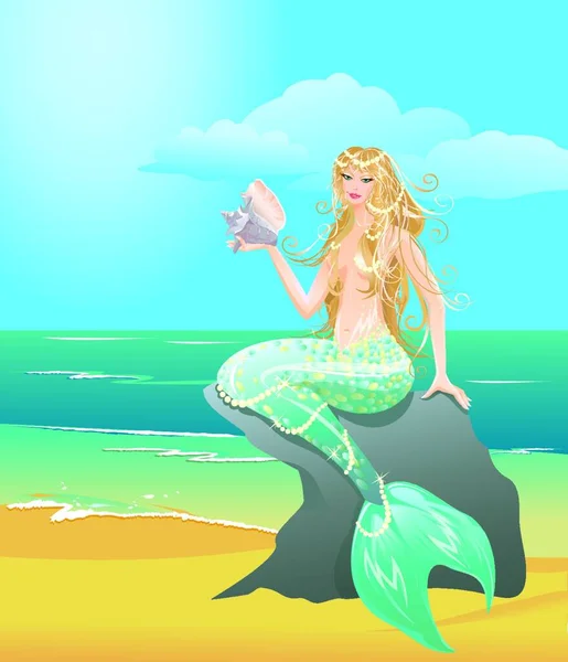 Illustration Einer Schönen Meerjungfrau Mädchen Mit Muschel Sitzt Auf Dem — Stockvektor