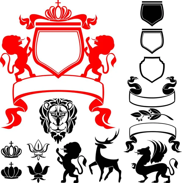 Ensemble Éléments Silhouettes Héraldiques Lion Blason Couronne Cerf Griffon Parchemin — Image vectorielle