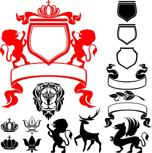 Set Van Heraldische Silhouetten Elementen Leeuw Blazon Kroon Hert Griffioen — Stockvector