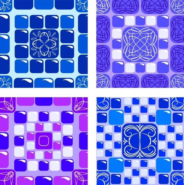 Zestaw Bezszwowych Wzorów Mozaikowych Niebiesko Fioletowe Płytki Ceramiczne Klasyczna Ozdoba — Wektor stockowy