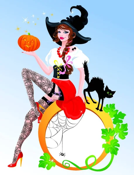 Barna Pin Halloween Lány Boszorkányjelmezt Harisnyát Visel Tökkel Fekete Macskával — Stock Vector