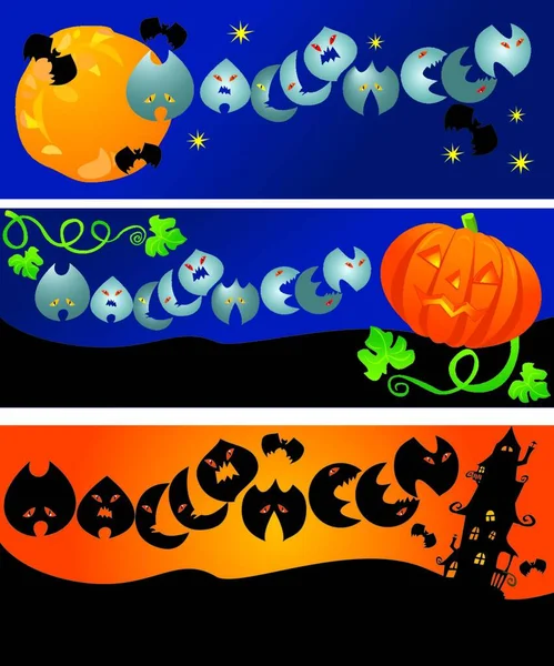 Tarjetas Invitación Fiesta Halloween Con Calabaza Murciélagos Fantasmas Otras Cosas — Vector de stock