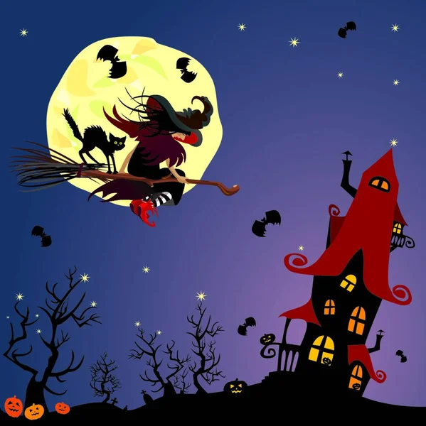 Noite Halloween Bruxa Gato Preto Voando Vassoura Para Casa Mistério — Vetor de Stock