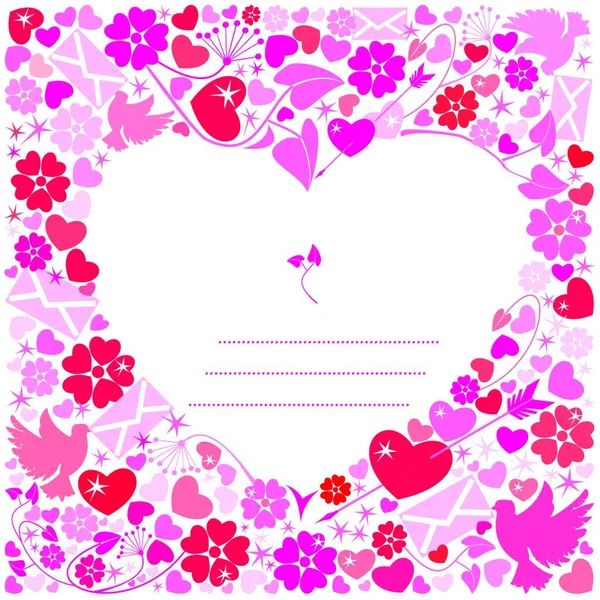Valentijnsdag Ansichtkaart Witte Achtergrond Hart Omgeven Door Een Bloemen Duiven — Stockvector