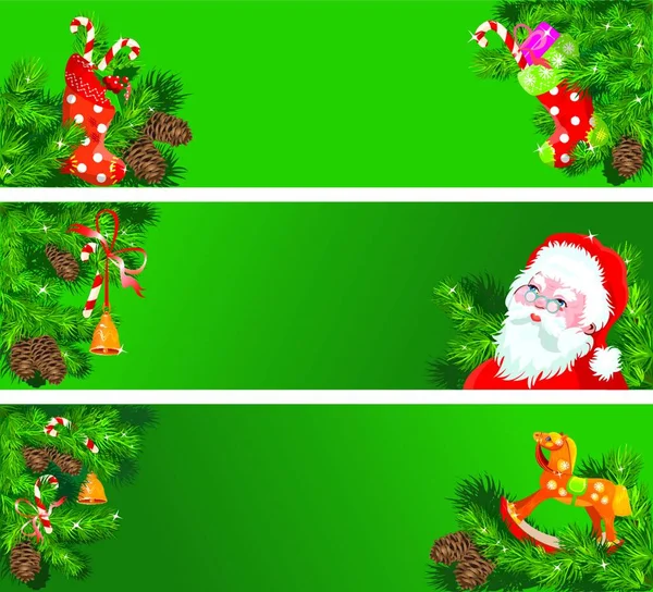 Conjunto Banderas Horizontales Navidad Año Nuevo Con Ramas Abeto Mistletoe — Vector de stock