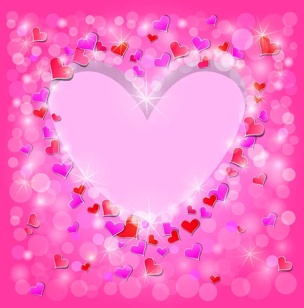 バレンタイン Rsquoの日や赤いハートコンフェッティやライトと結婚式ピンクの背景 休日のフレーム 愛抽象的な背景 — ストックベクタ