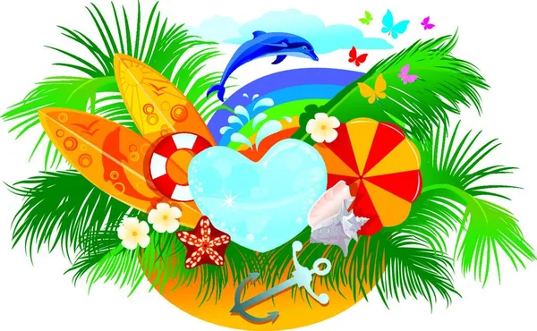 Summer Background Palms Shells Surfboards Rainbow Dolphin — Stock Vector