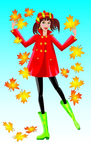Pretty Girl Dressing Coat Rubber Boots Autumn Leaves Her Hands — Stock Vector