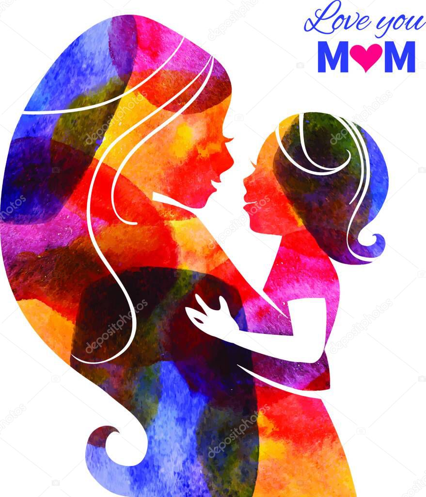 Watercolor mother silhouette with her baby. Card of Happy Mothers Day. Vector illustration with beautiful woman and child