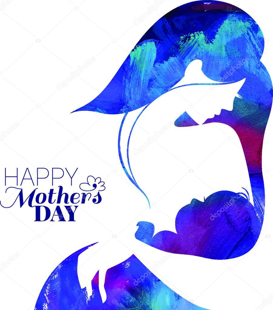 Acrylic painting mother silhouette with her baby. Card of Happy Mothers Day. Vector illustration with beautiful woman and child
