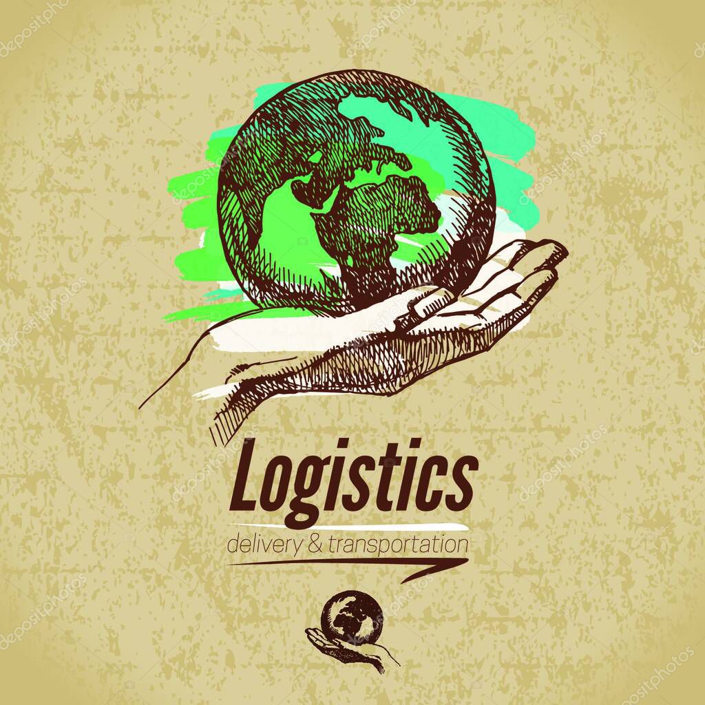 Sketch logistics and delivery poster. Cardboard background. Hand drawn vector illustration