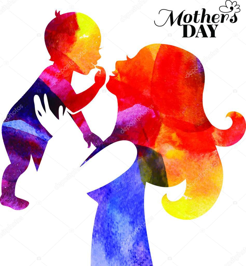 Watercolor mother silhouette with her baby. Card of Happy Mothers Day. Vector illustration with beautiful woman and child